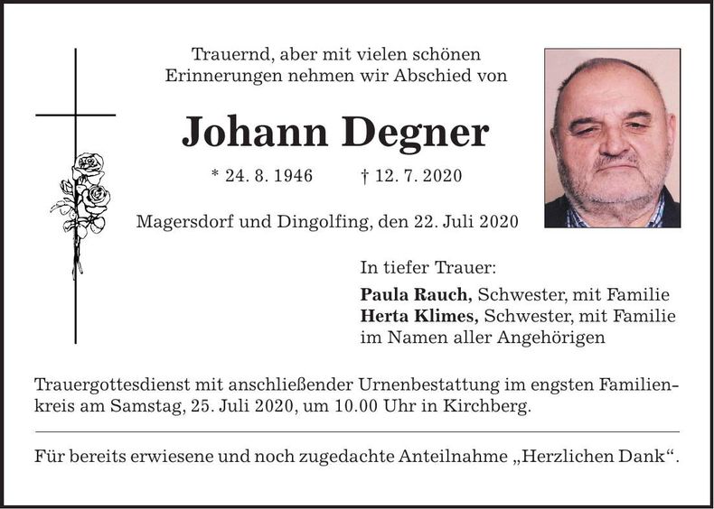Traueranzeige Johann Degner