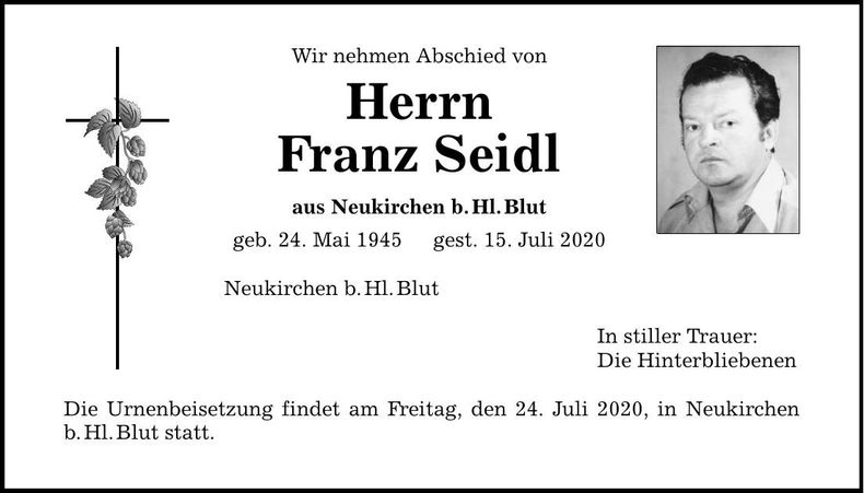 Traueranzeige Franz Seidl