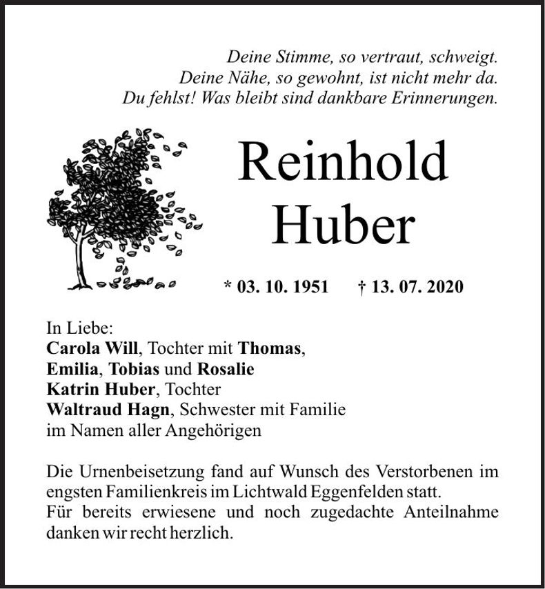 Traueranzeige Reinhold Huber