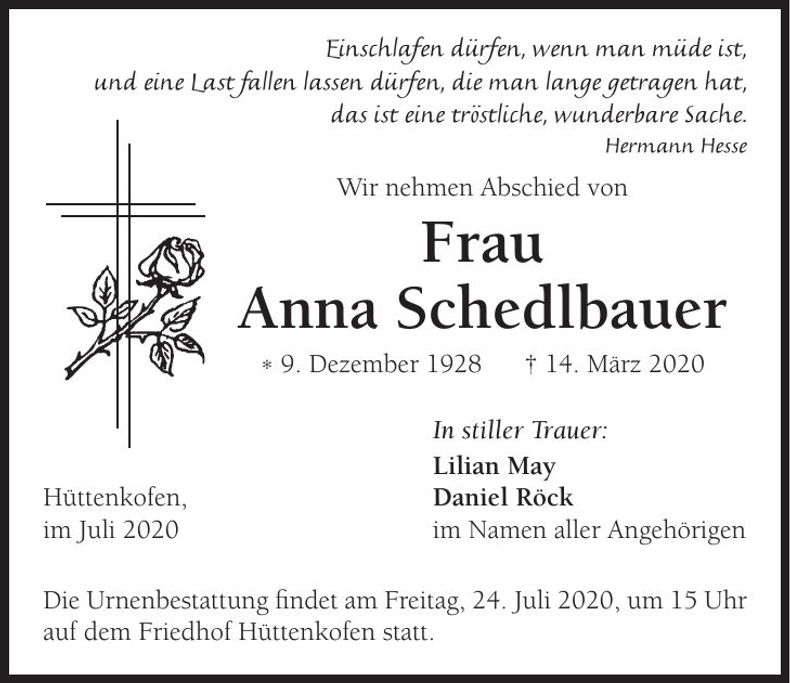 Traueranzeige Anna Schedlbauer