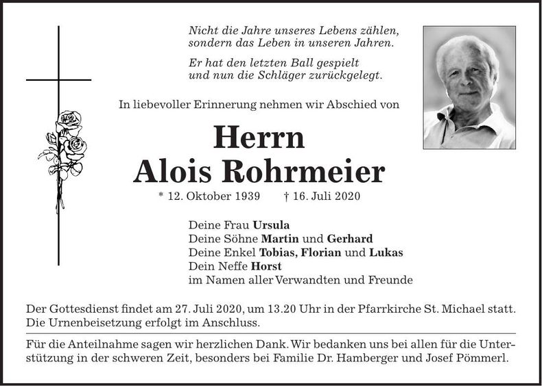Traueranzeige Alois Rohrmeier