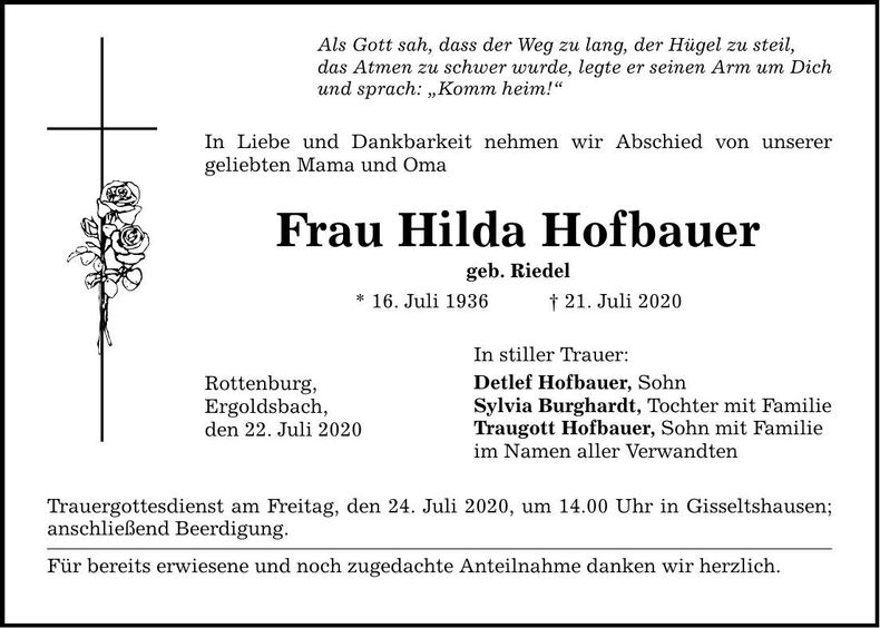 Traueranzeige Hilda Hofbauer