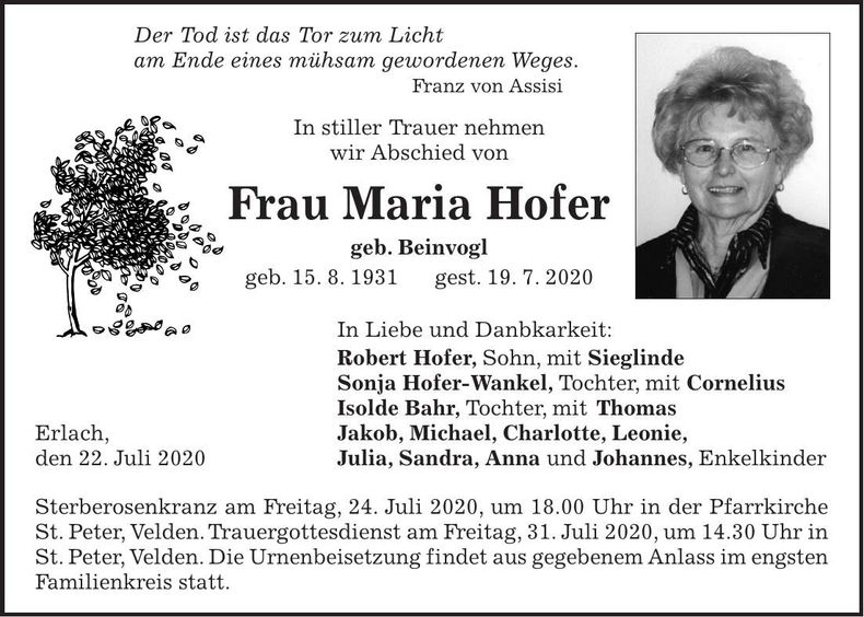 Traueranzeige Maria Hofer