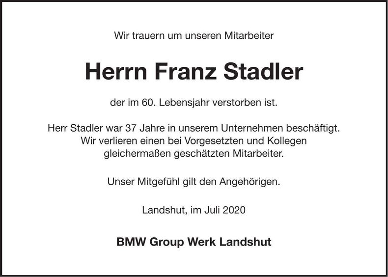 Traueranzeige Franz Stadler
