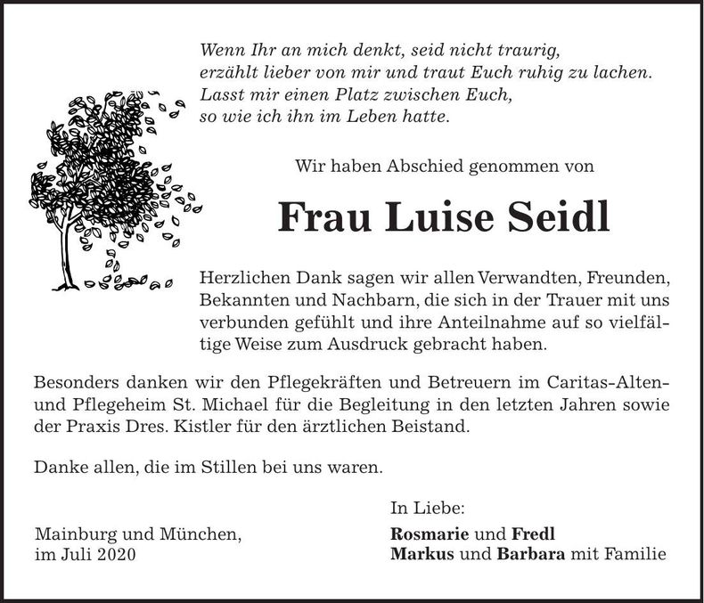Traueranzeige Luise Seidl