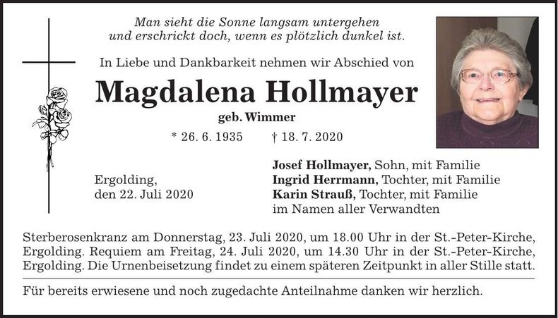 Traueranzeige Magdalena Hollmayer