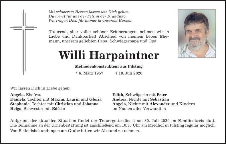 Traueranzeige Willi Harpaintner