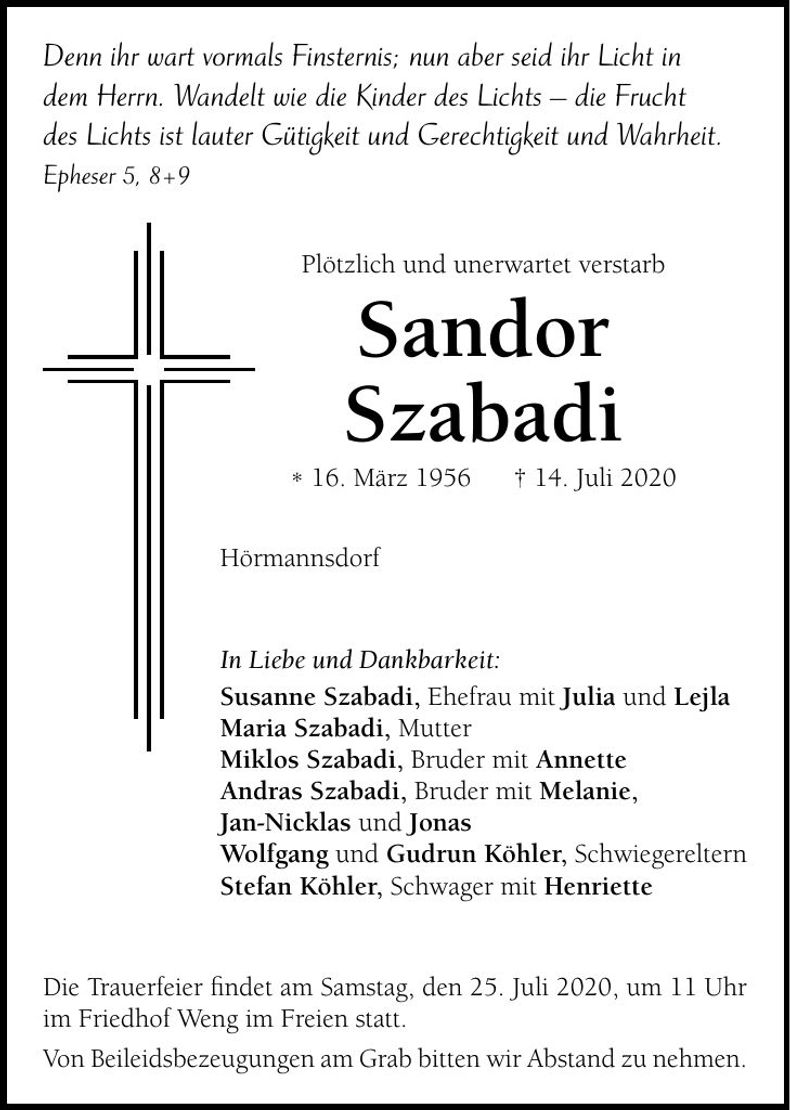 Traueranzeige Sandor Szabadi