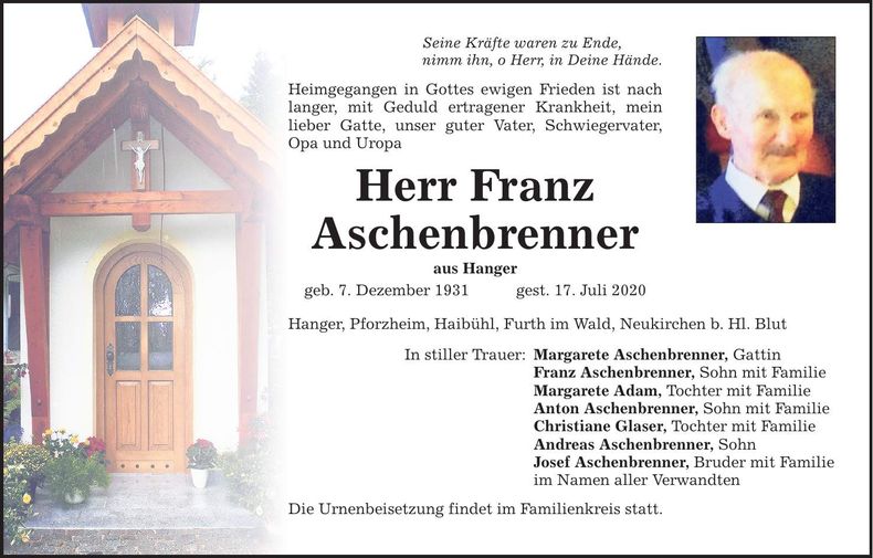 Traueranzeige Franz Aschenbrenner