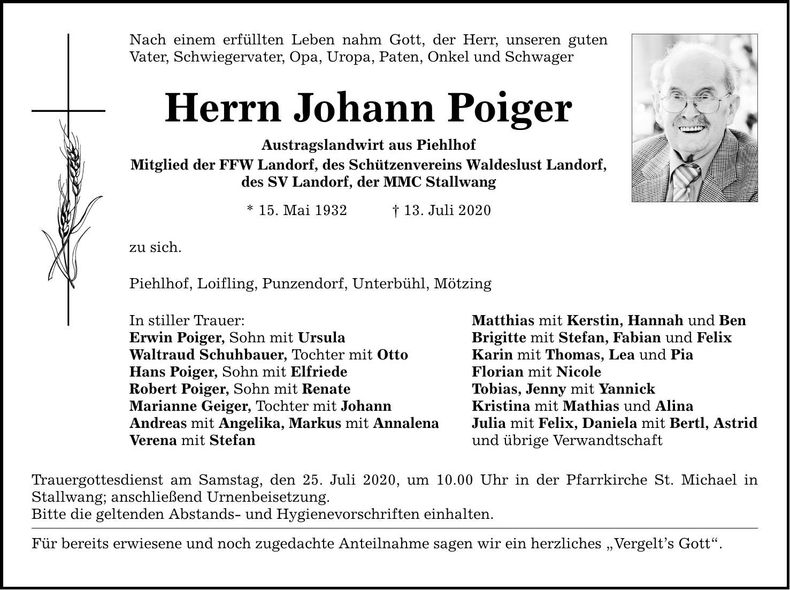 Traueranzeige Johann Poiger