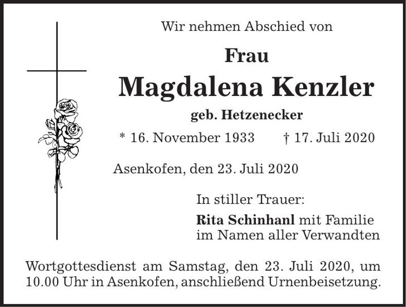 Traueranzeige Magdalena Kenzler