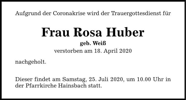 Traueranzeige Rosa Huber