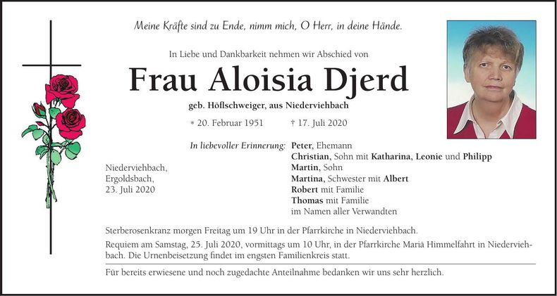 Traueranzeige Aloisia Djerd