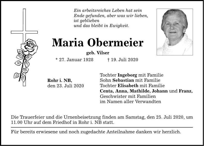 Traueranzeige Maria Obermeier