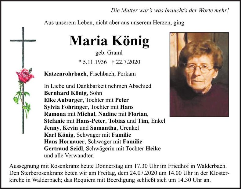 Traueranzeige Maria König