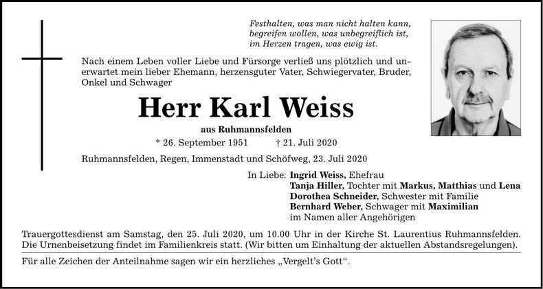 Traueranzeige Karl Weiss