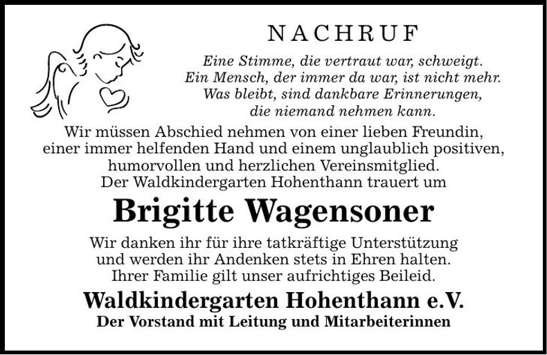 Traueranzeige Brigitte Wagensoner