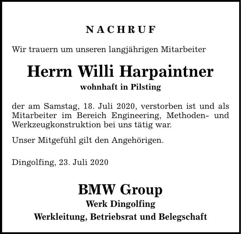 Traueranzeige Willi Harpaintner