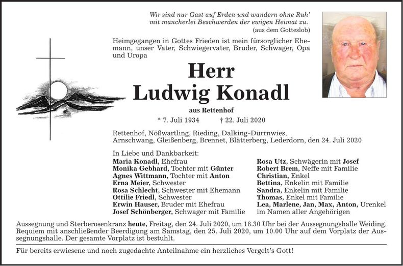 Traueranzeige Ludwig Konadl