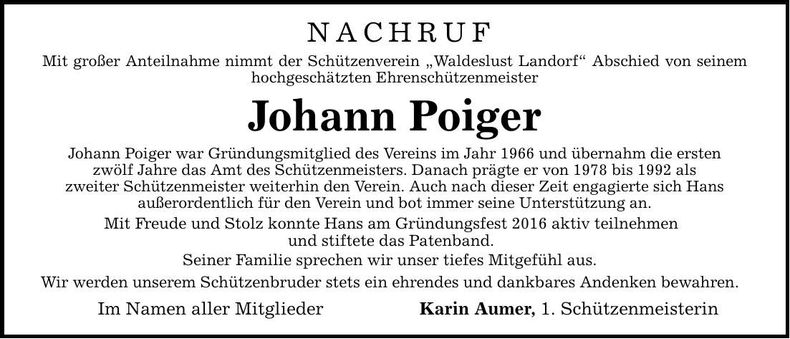Traueranzeige Johann Poiger
