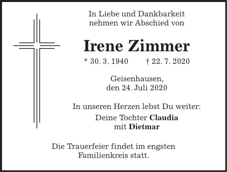 Traueranzeige Irene Zimmer