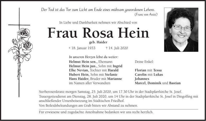 Traueranzeige Rosa Hein