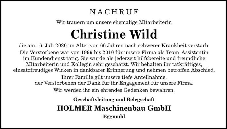 Traueranzeige Christine Wild