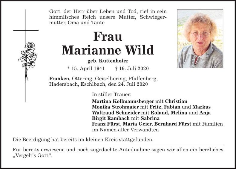 Traueranzeige Marianne Wild