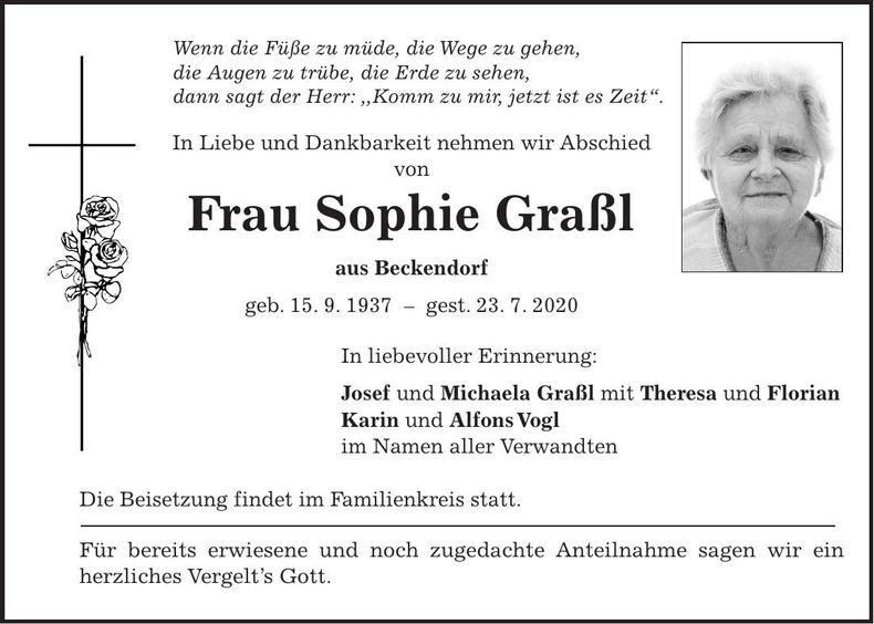 Traueranzeige Sophie Graßl