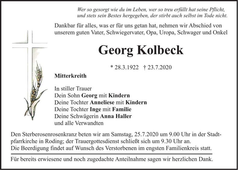 Traueranzeige Georg Kolbeck