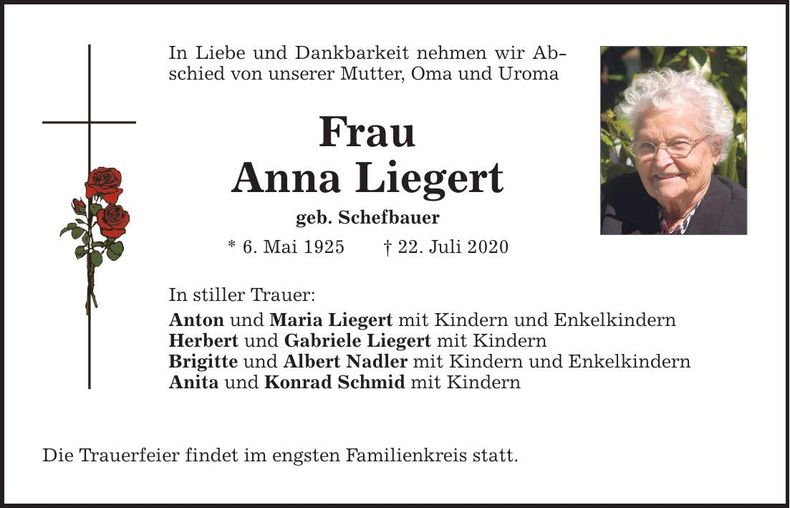 Traueranzeige Anna Liegert