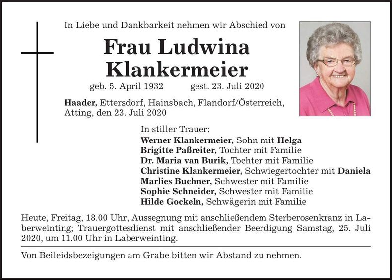 Traueranzeige Ludwina Klankermeier