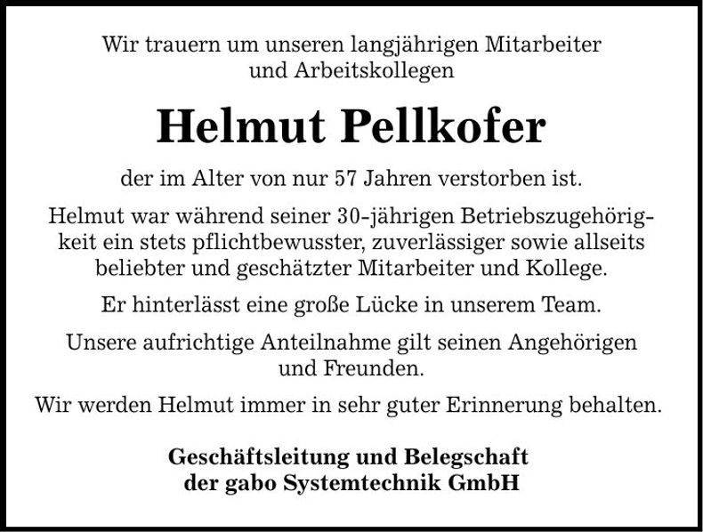 Traueranzeige Helmut Pellkofer