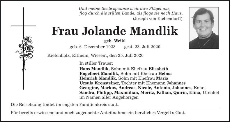 Traueranzeige Jolande Mandlik
