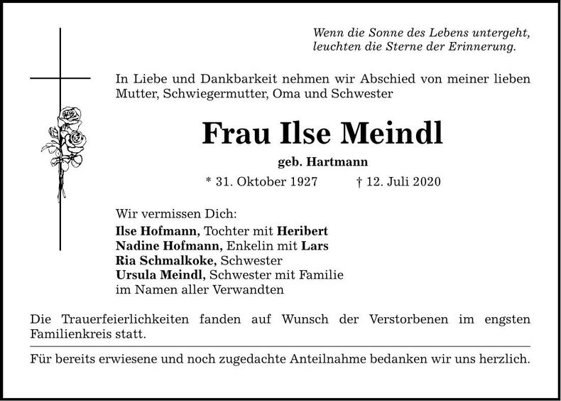 Traueranzeige Ilse Meindl