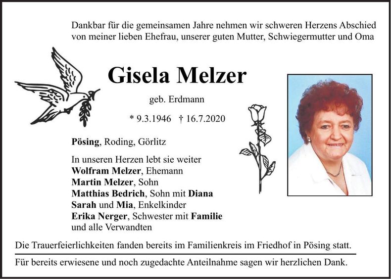 Traueranzeige Gisela Melzer