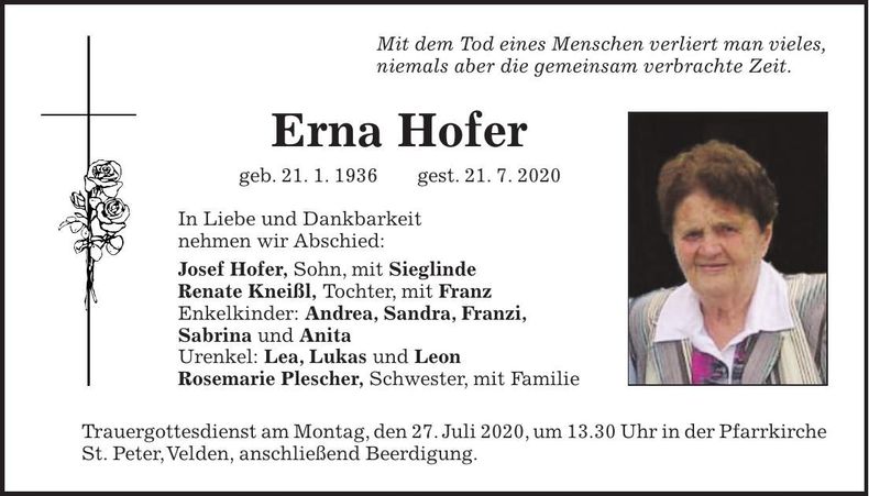 Traueranzeige Erna Hofer