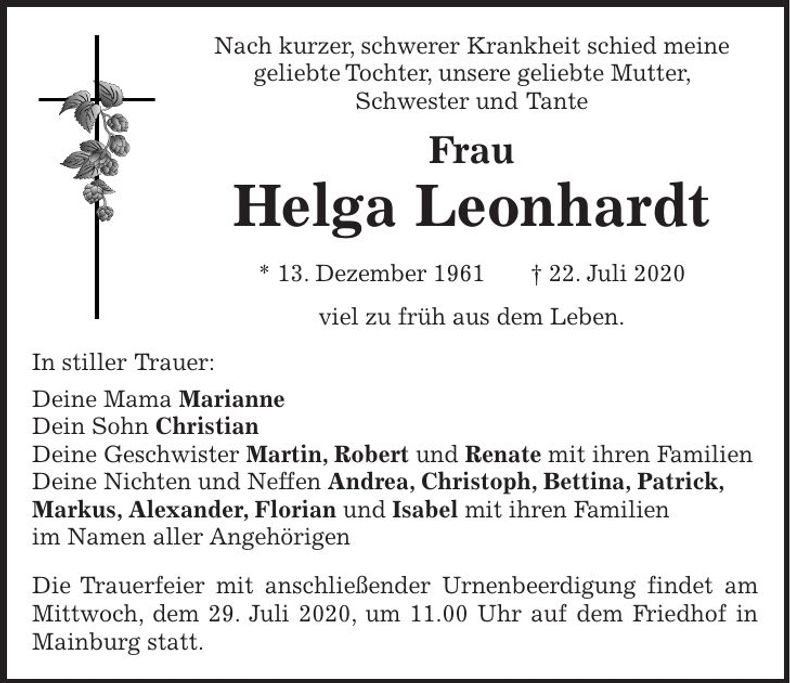 Traueranzeige Helga Leonhardt