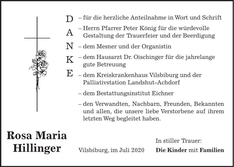 Traueranzeige Rosa Maria Hillinger