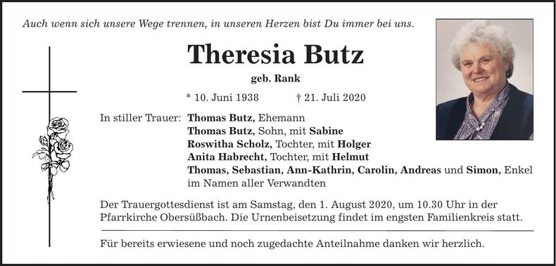 Traueranzeige Theresia Butz