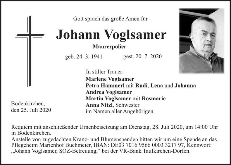 Traueranzeige Johann Voglsamer