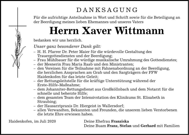 Traueranzeige Xaver Wittmann