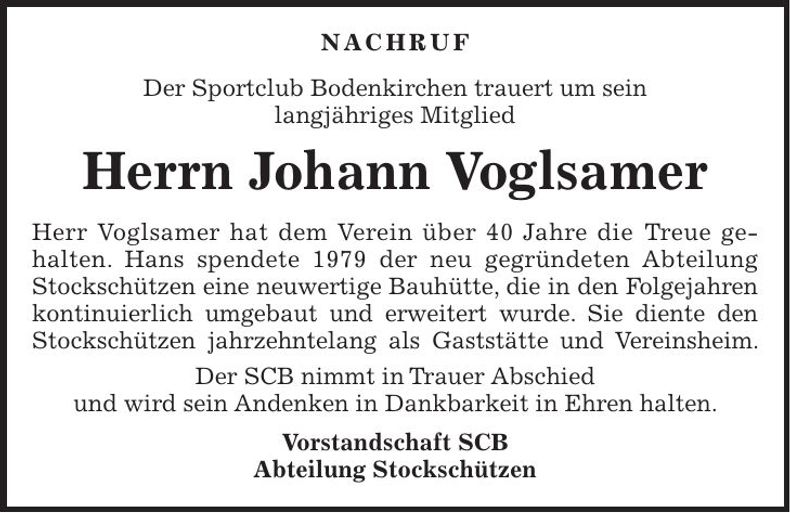 Traueranzeige Johann Voglsamer