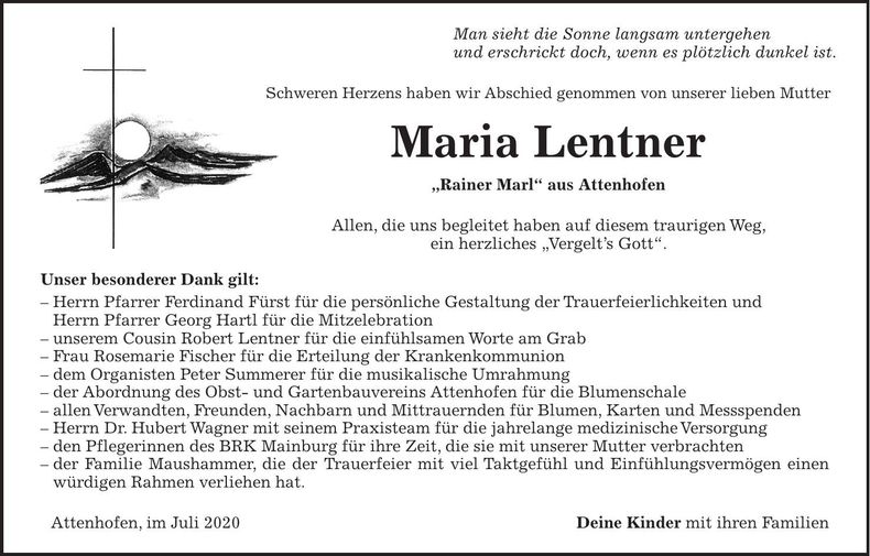 Traueranzeige Maria Lentner