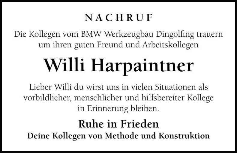 Traueranzeige Willi Harpaintner