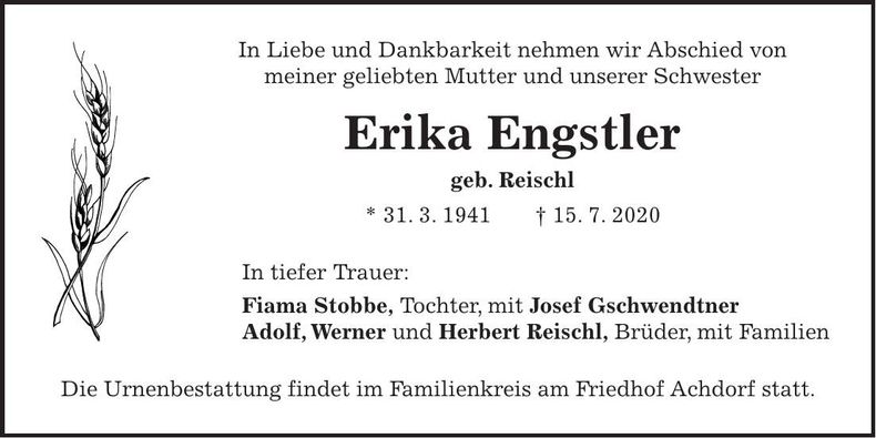 Traueranzeige Erika Engstler