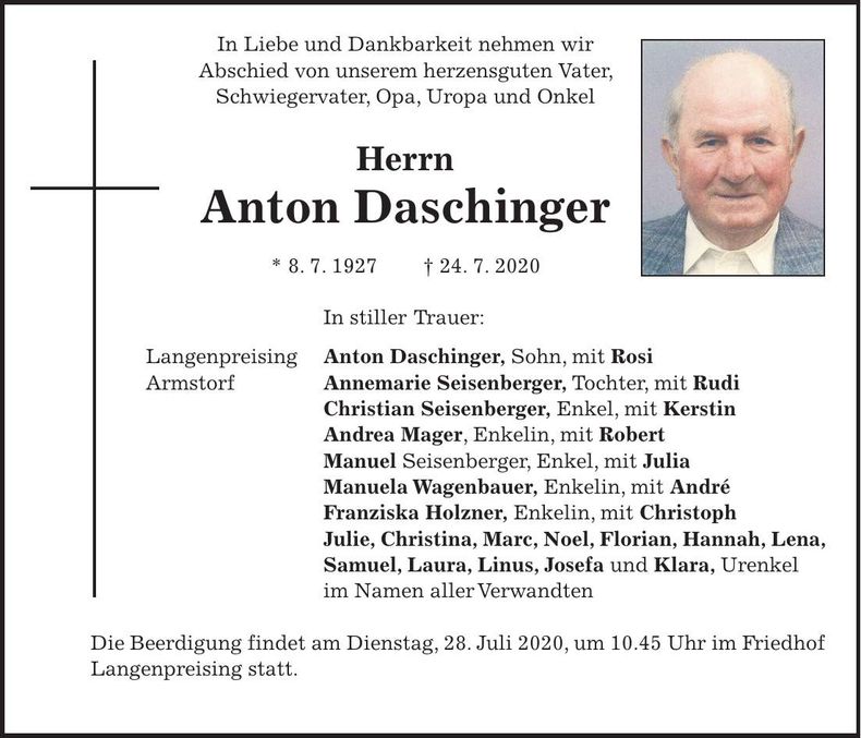 Traueranzeige Anton Daschinger