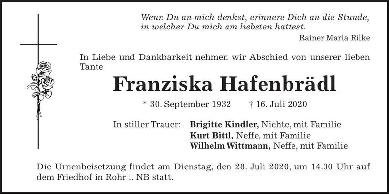 Traueranzeige Franziska Hafenbrädl