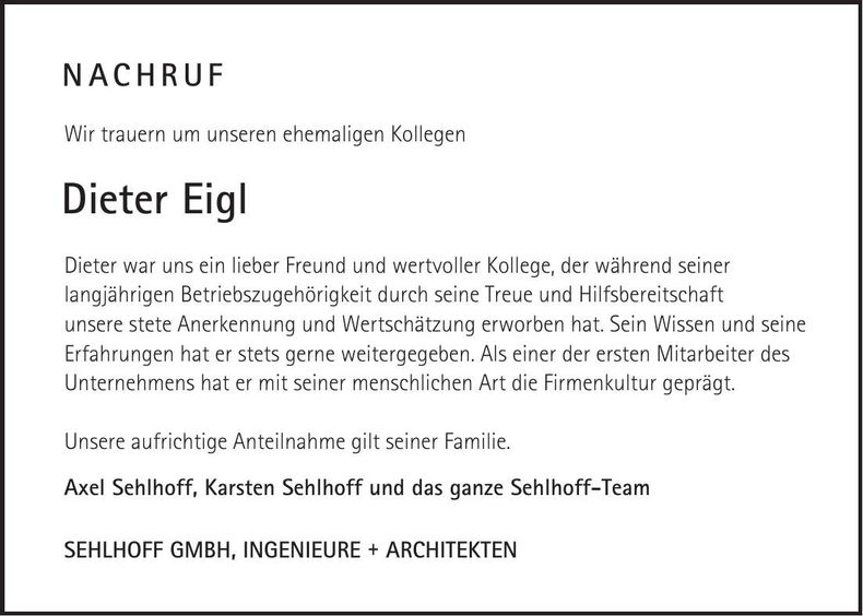 Traueranzeige Dieter Eigl