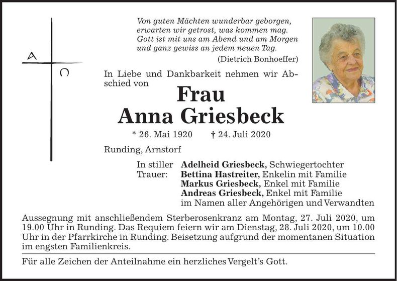 Traueranzeige Anna Griesbeck